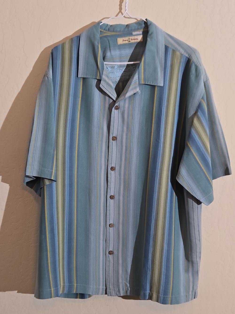 Tommy Bahama Blue and Green Vertical Stripe Camp Shirt